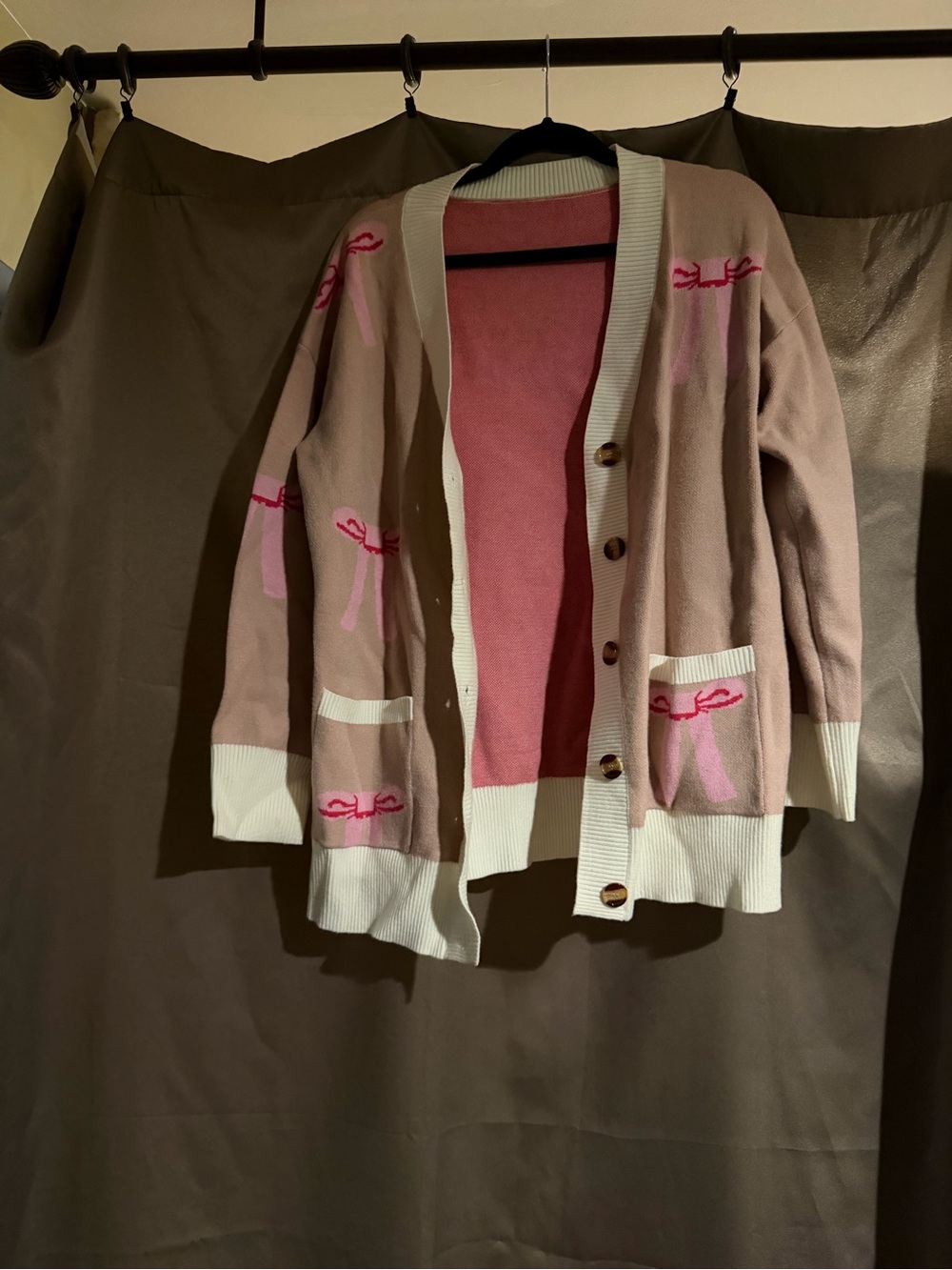 Women's Blush Pink Bow-Accent Button Cardigan Sweater